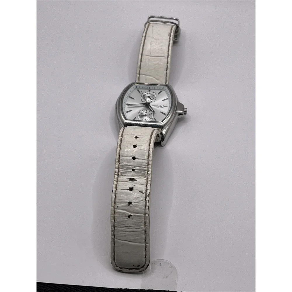 Kenneth Cole KC2317 Womens‎ White Tonneau Multifunction Silver Dial Leather Band